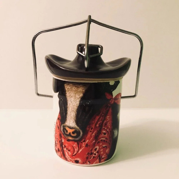 Vintage 1995 G Yewen Cow Wire Ball Crock Jar With Cowboy Hat Lid - Picture 1 of 16